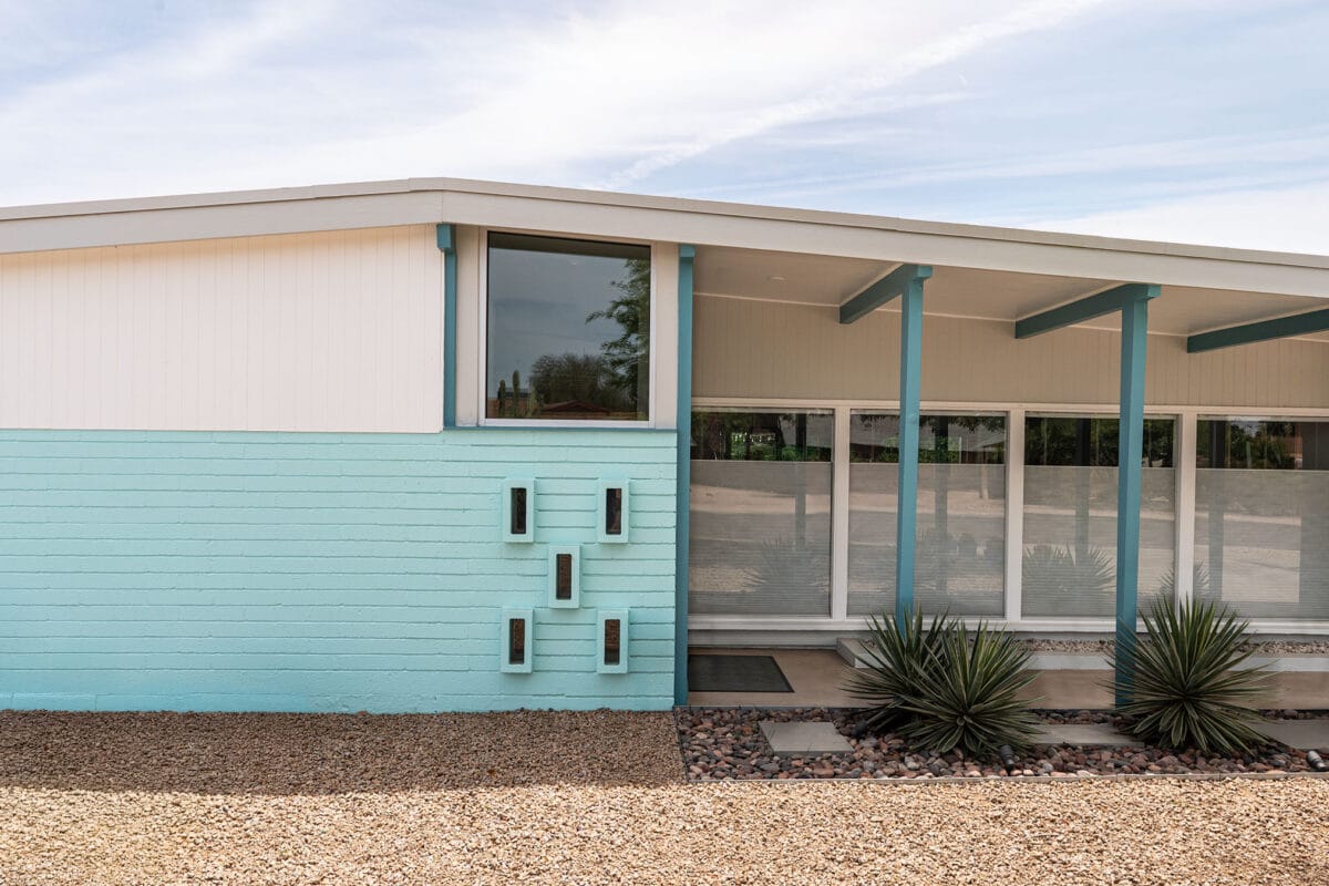 Charles and Arthur Schreiber mid-century modern home in Village Grove Scottsdale with distinctive roofline and desert modern architecture.