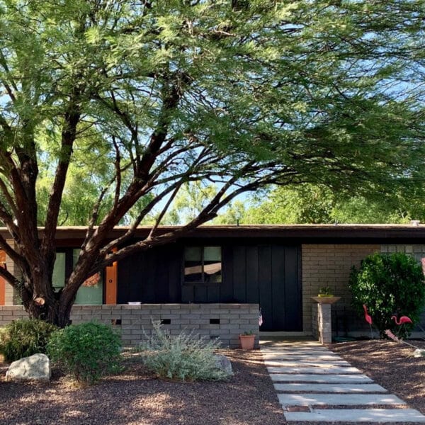 Ralph Haver mid-century modern home in Starlite Vista Phoenix with shaded entry, low roofline, block wall, mature tree, and desert landscaping.
