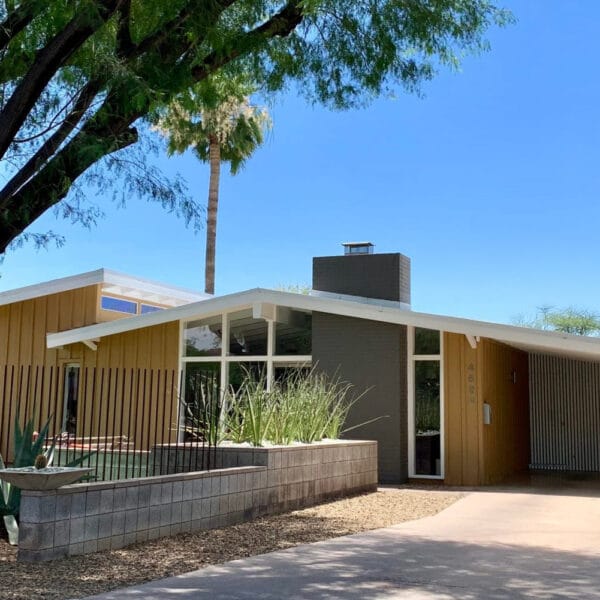 Ralph Haver mid-century modern home in Windemere Phoenix with integrated carport, low roofline, clerestory windows, and desert landscaping.